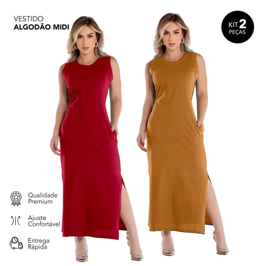 Vestido Midi em Tecido de Algodão Confortável Zero Transparência -COMPRE 1 LEVE 2