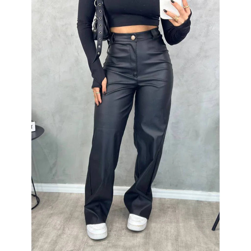 Calça Wide Leg Feminina Cintura Alta Couro Fake Preta Pantalona Retrô Moda Gringa Blogueira Balada