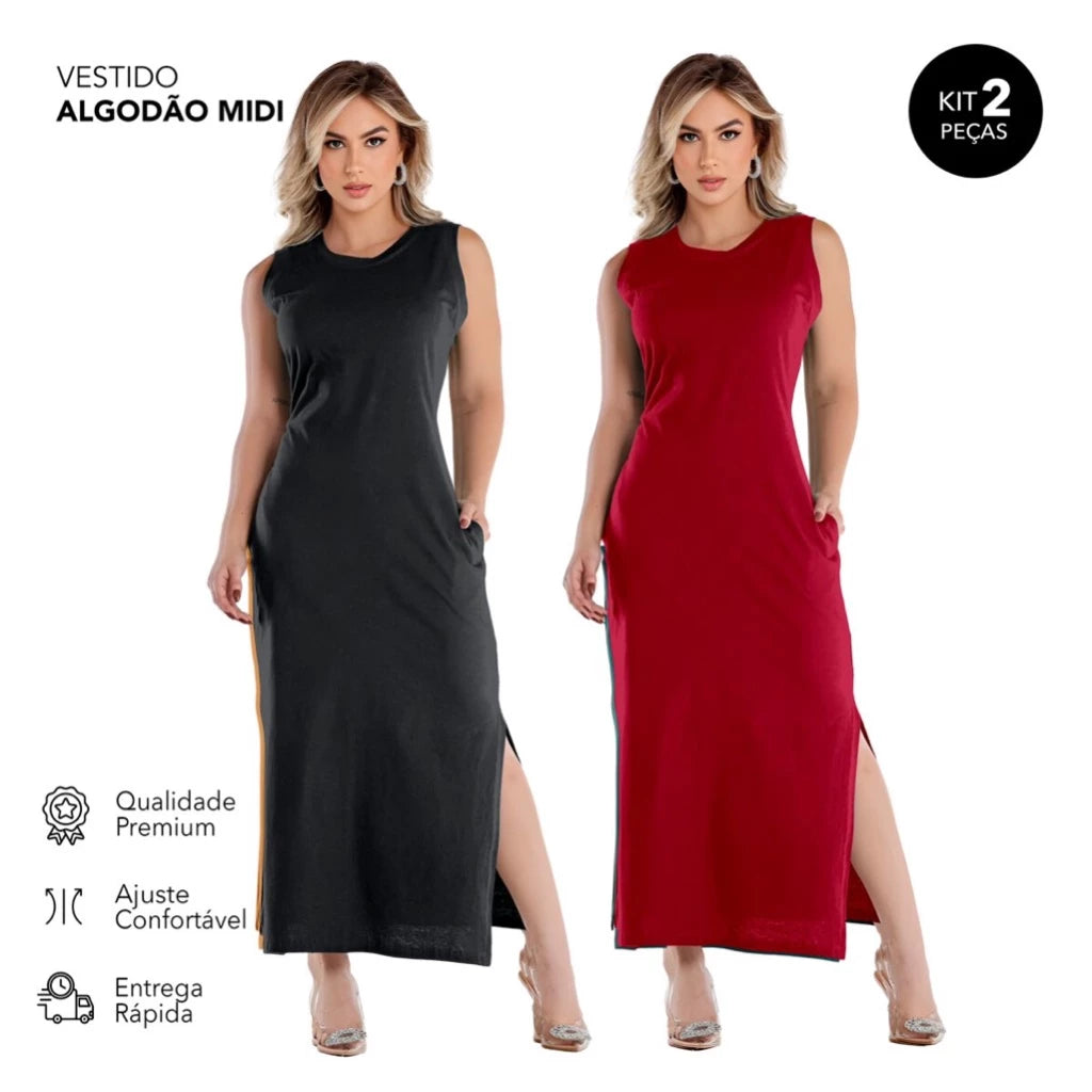 Vestido Midi em Tecido de Algodão Confortável Zero Transparência -COMPRE 1 LEVE 2