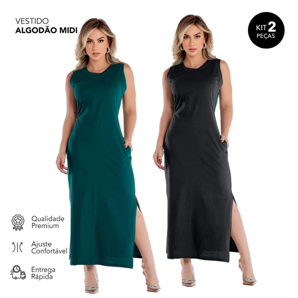 Vestido Midi em Tecido de Algodão Confortável Zero Transparência -COMPRE 1 LEVE 2