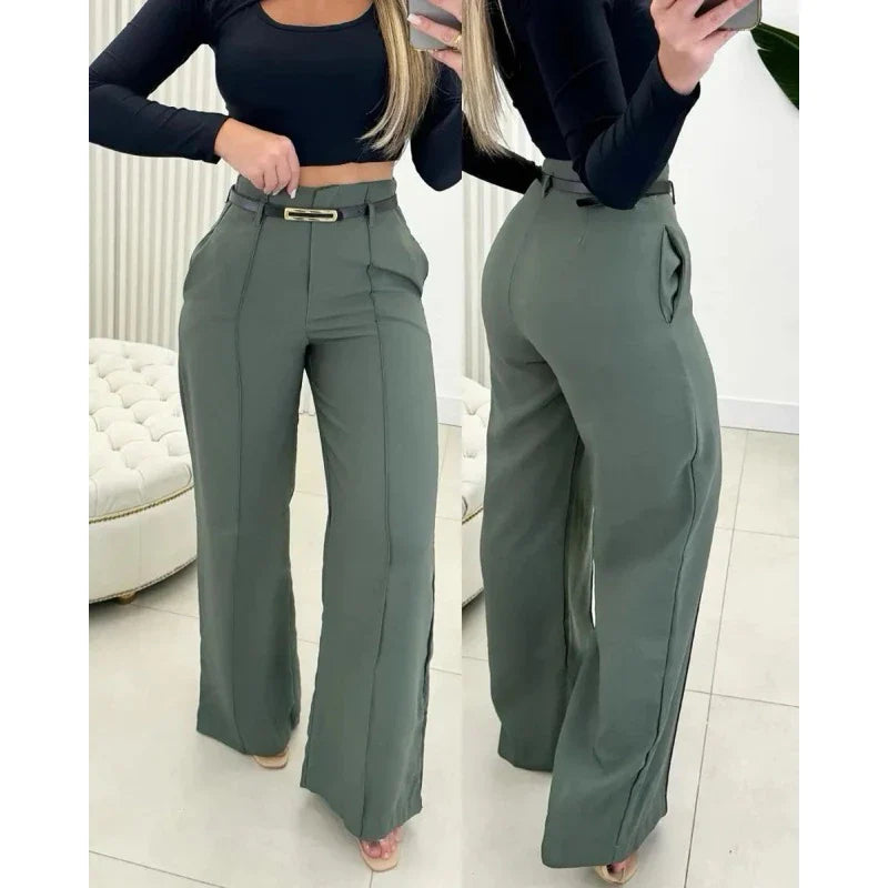 calça feminina alfaiataria pantalona com cinto moda elegante fashion