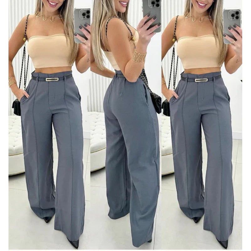 calça feminina alfaiataria pantalona com cinto moda elegante fashion