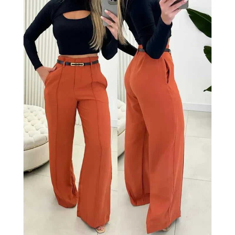 calça feminina alfaiataria pantalona com cinto moda elegante fashion